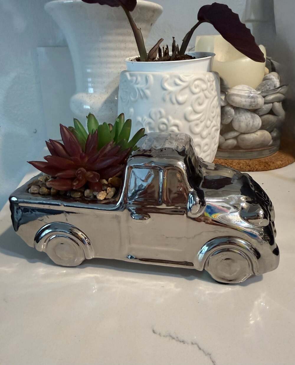Silver Ceramic Truck Succulent Planter with Faux Plants